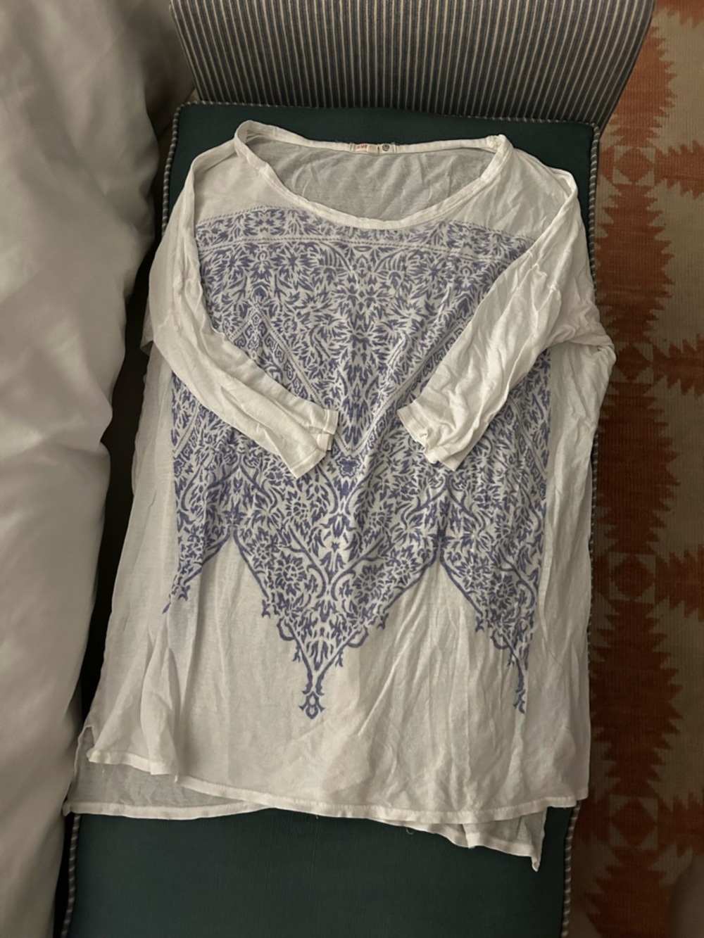 Sundry White Long Sleeve Tunic with bluish Print